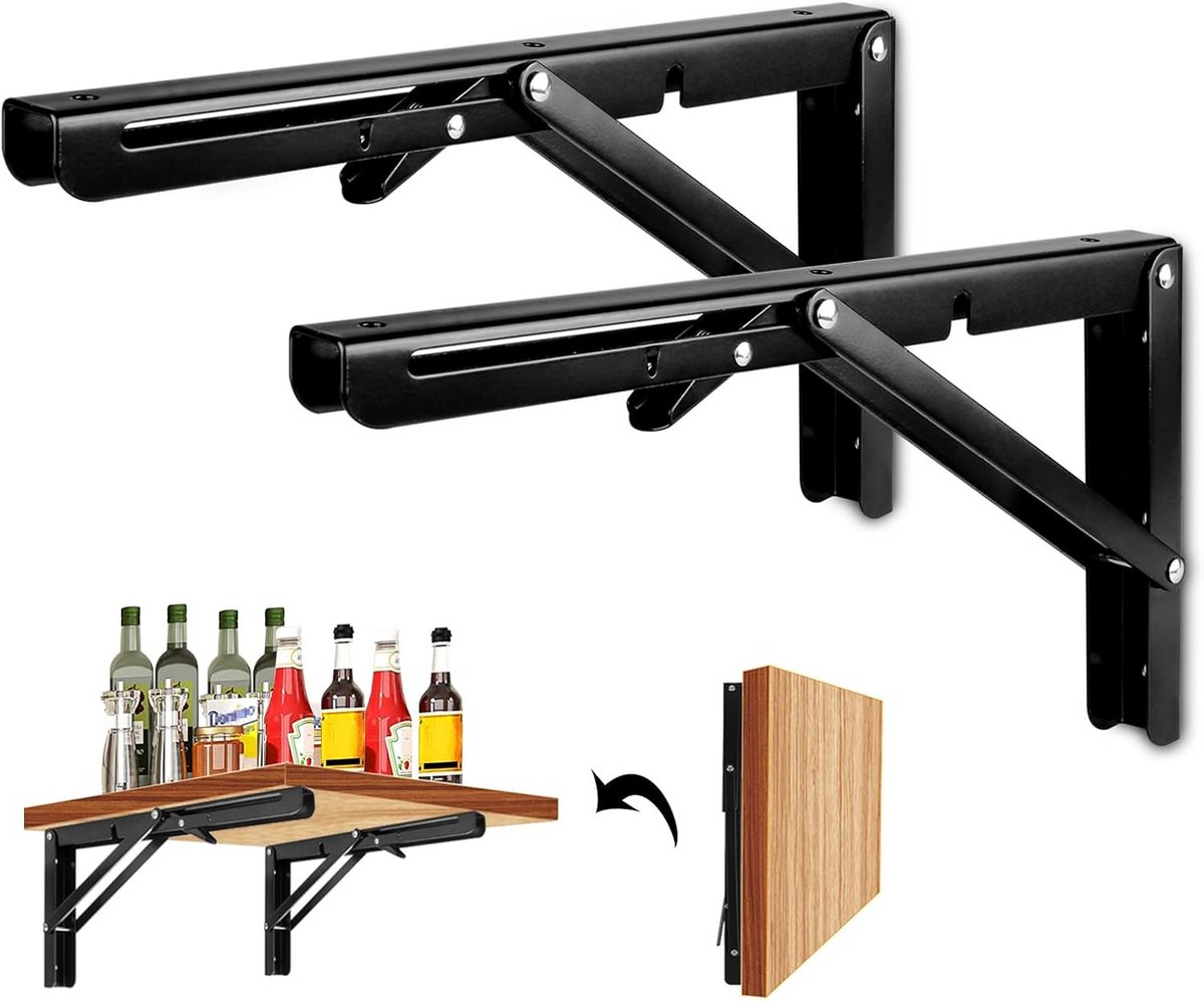 2 stuks Opvouwbare Plankdragers 300 mm - Wandconsole voor Planken en Tafels - Zwart