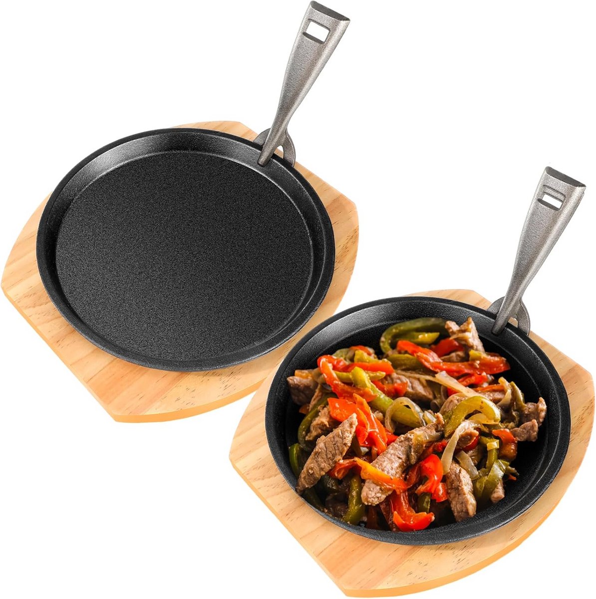 Set van 2 Gietijzeren Koekenpannen met Houten Onderzetters - Sissende Fajita Pan