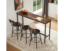 Pugsdrly Lange bartafel met 3 gestoffeerde barkrukken van PU, industriële bartafel en stoelen voor de keuken, ontbijtruimte, woonkamer, feestzaal, rustiek bruin en zwart