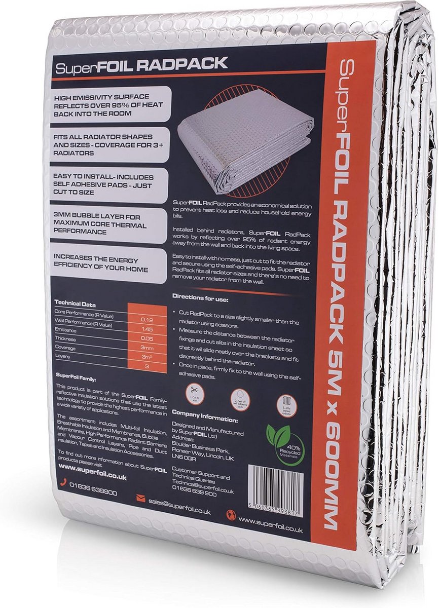 Verwarmingskast Isolatiefolie 0,6 m x 5 m - Energie Besparende Warmtereflecterende Luchtkussenfolie