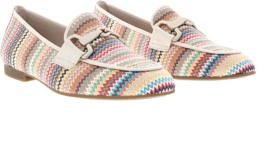 Gabor instappers in multicolor zigzag patroon met beige leren details.