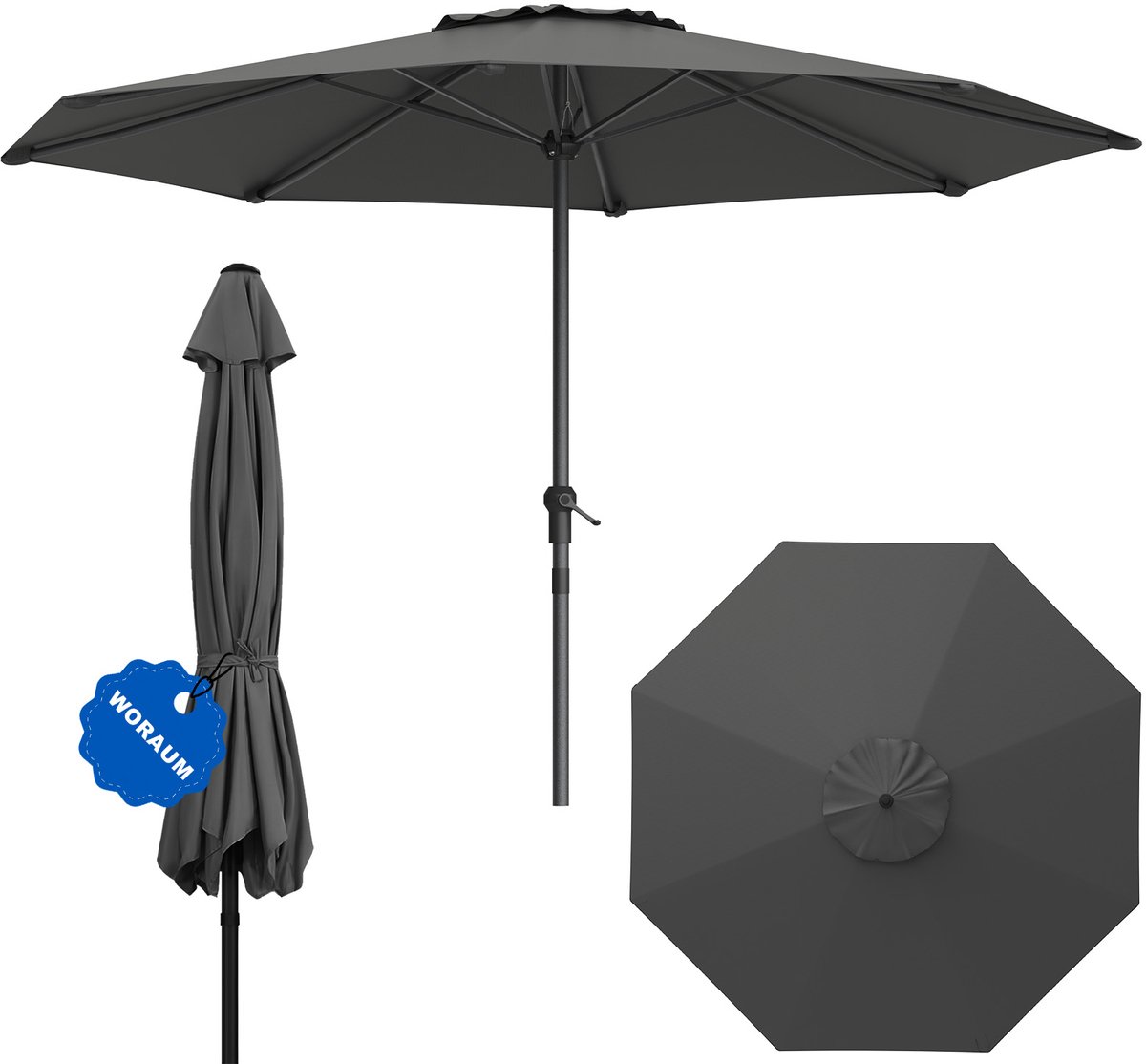 Soontrans - Parasol 350 cm -Tuinparasol Niet kantelbaar - Balkonparasol UPF 50+ -Stokparasol 38 mm-Draagbare Terrasparasol -Marktparasol Waterdicht - Strandparasol -Slingerparasol voor Terrassen-Balkons en Zwembaden -Donkergrijs