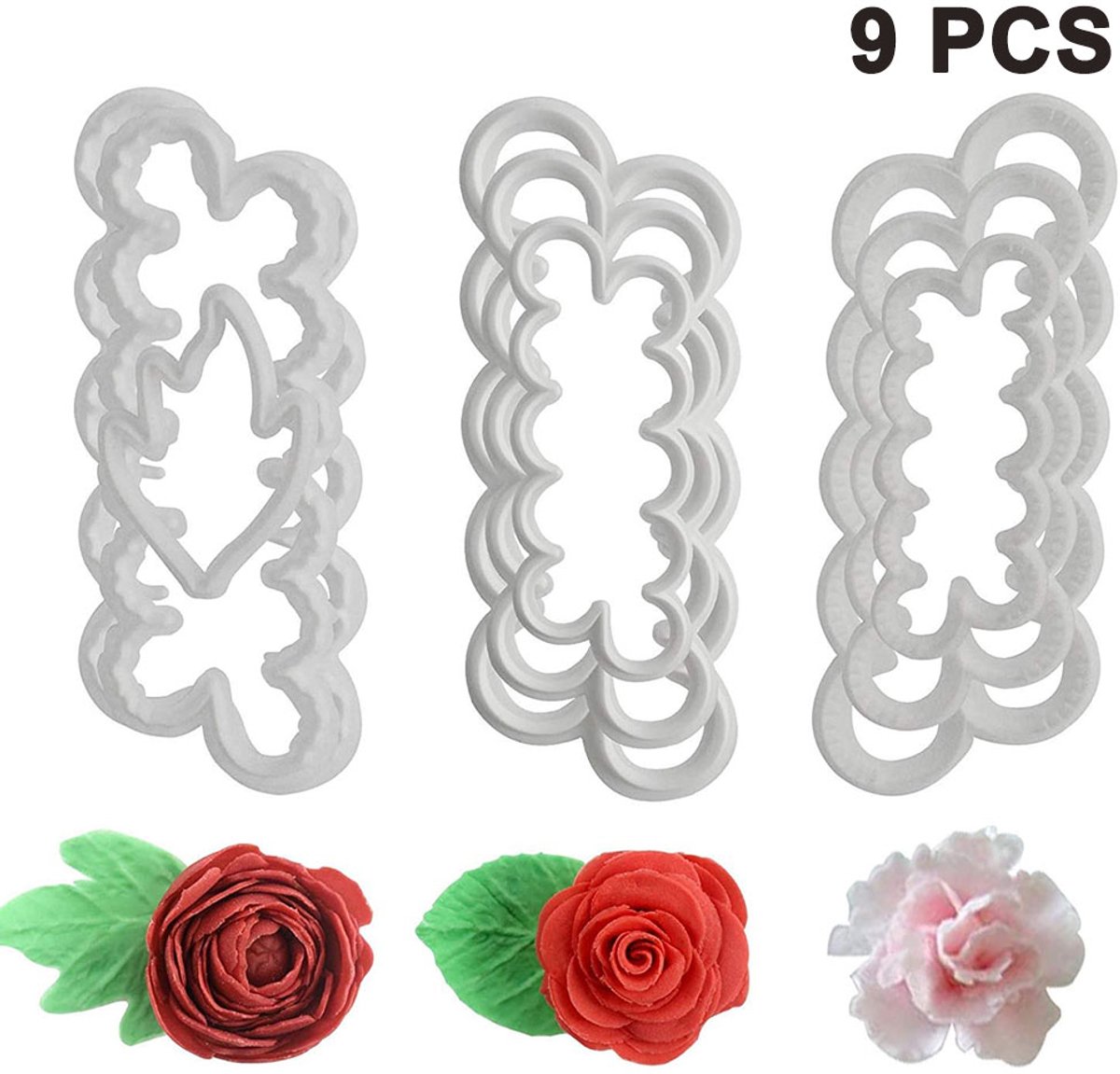Oneay 9 stuks rozen, anjers en pioenrozen 3D-bloemblaadjes taartvormpjes, bloemvormige fondant decoratievormpjes, doe-het-zelf bakaccessoires