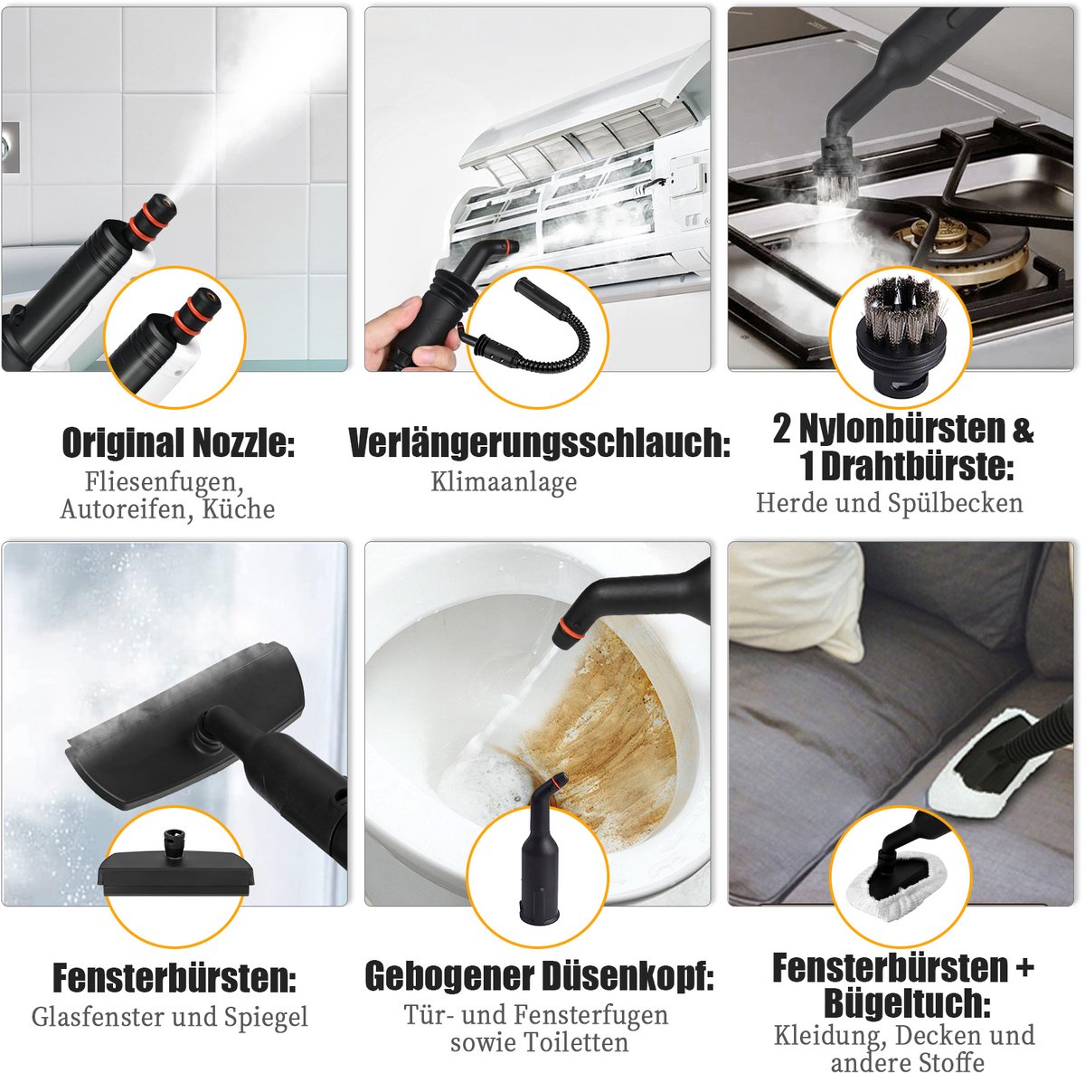 Dreamhigh® Dampfreiniger vloer 430 ml, 1200 W 3,5 bar stoomreiniger voor alles met 9 accessoires, hogedrukdampreiniging, voor het reinigen van vloeren, auto's en keukens - met werklamp thumbnail 5