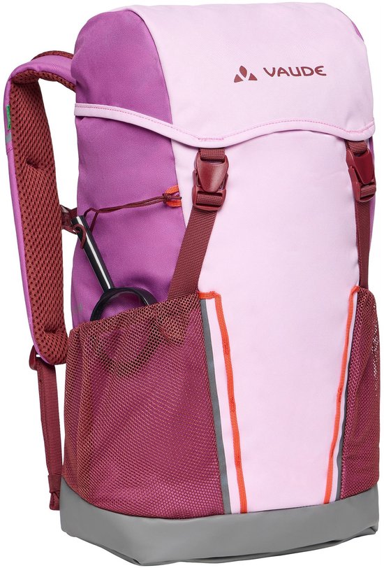 Voorkant van een roze en paarse rugzak met VAUDE logo, gaasvakken, oranje accenten en reflecterende strepen.