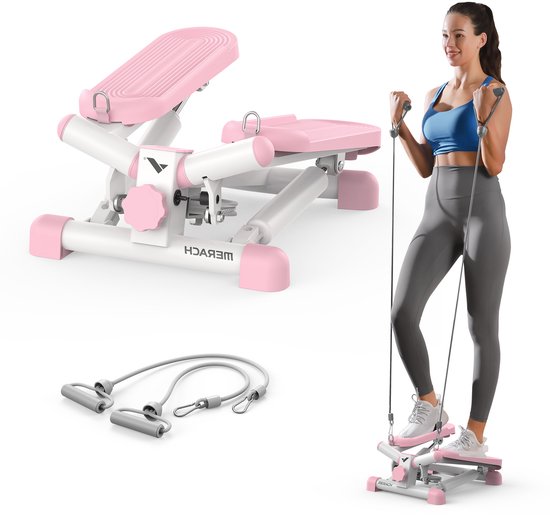 MERACH 2-in-1 Mini Stepper met LCD-monitor - Draaistapper en Zijstapper - Weerstandsbanden - Belastbaar tot 150 kg - Voor Been-/Arm-/Biltraining - Beginners & Gevorderden - Fitnessoefeningen voor het Thuiskantoor - Hometrainer met Weerstand - Roze