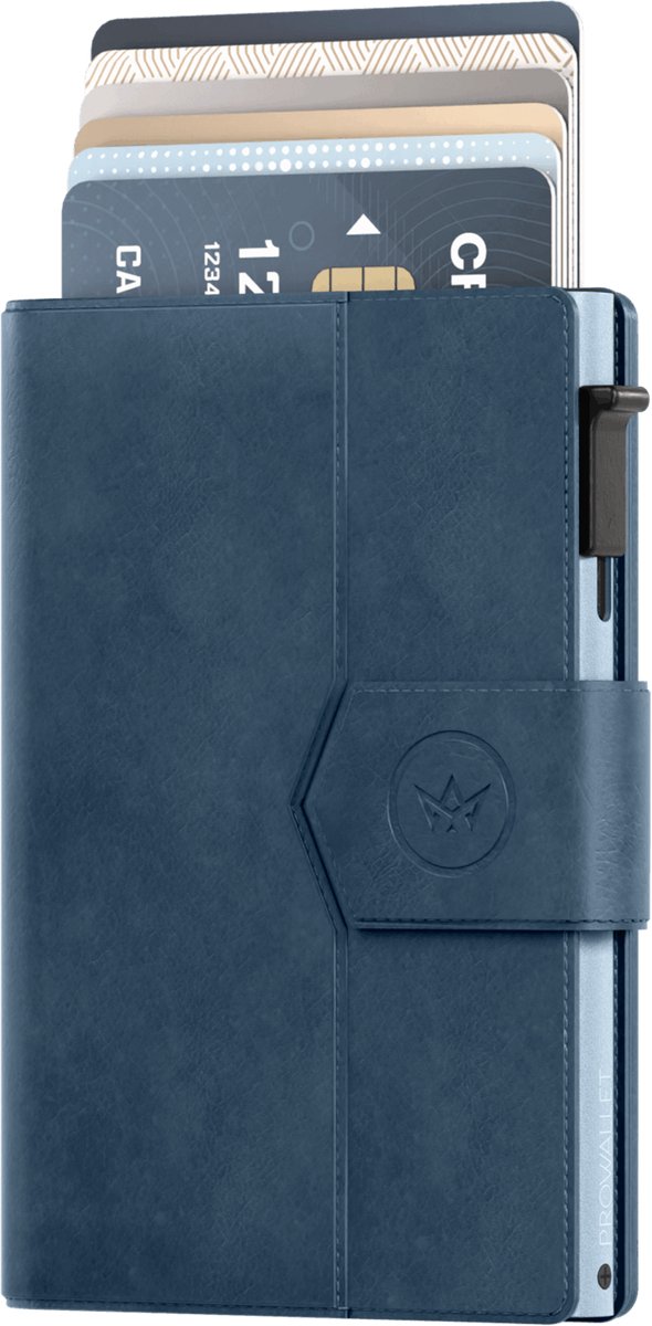 Prowallet Plus - Blauw - Pasjeshouder voor 8 pasjes, briefgeld en muntgeld - Uitschuifbaar - RFID Creditcardhouder - Kaarthouder Portemonnee, Premium Pashouder voor Mannen - Aluminium, Kunstleer - Incl. Luxe Cadeaubox