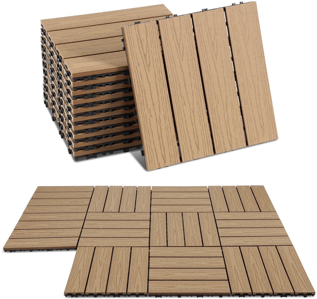 99 Stuks Terrastegels WPC Vlondertegels - 30 x 30 cm 9 m² in reliëf Houtlook - WPC Composiet Kunststof - Makkelijke en Snelle Montage - Balkontegels - Vlondertegel Set - Onderhoudsvrij - Tuin, Balkontegels - Terrasplanken - Teak