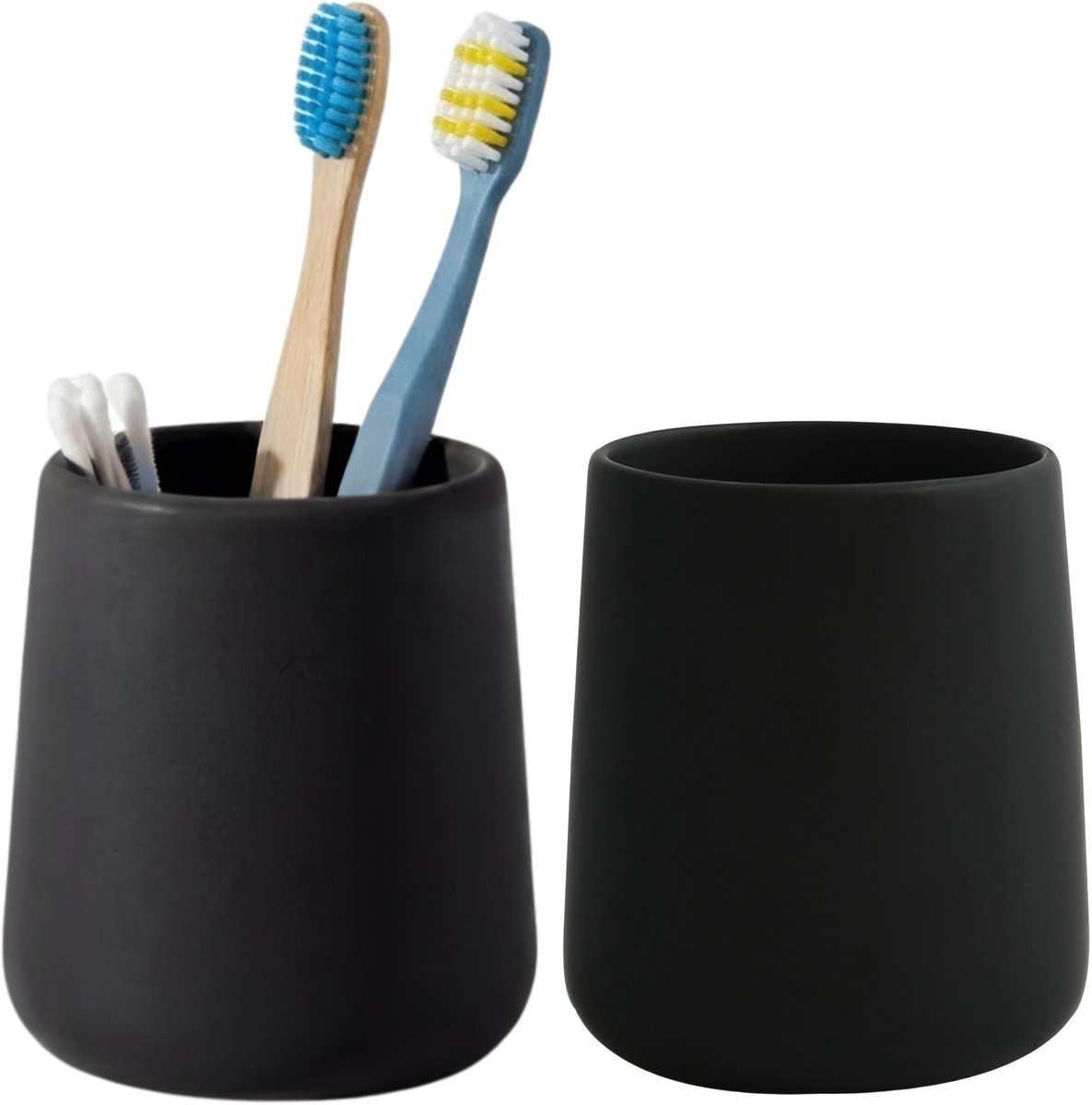 Bathroom Solutions Badkamer beker / tandenborstelhouder Earth Serie - 2x - Keramiek - zwart - 8 x 10 cm