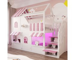 OKWISH Stapelbed 90x200cm – Huisvorm Met Ledverlichting – Met Opbergladder En Planken – Voor Kinderkamer – Hout – Zonder Matras – Wit Roze