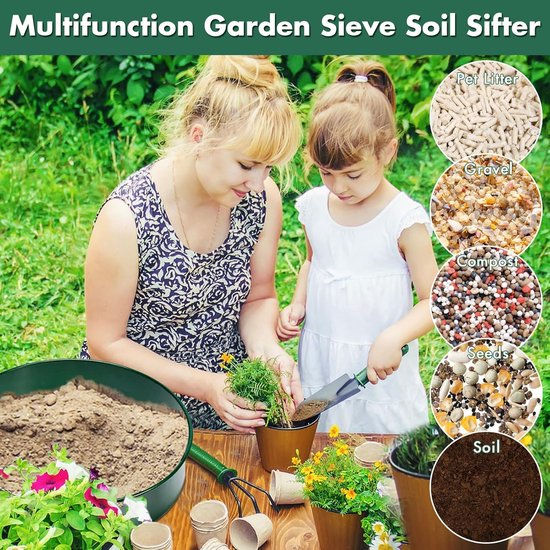 4-in-1 Tuinzeef Set - met 4 Verwisselbare Zeefinserts - 30 cm Rond Metaal Zeef - Mazen 3mm/6mm/9mm/12mm - Grondzeef - Zandzeef - Compostzeef - Grondzeef voor in de tuin - Inclusief Gardenschop en Handschoenen - Voor Aarde, Compost en Zand van Merkloos	 — afbeelding 4
