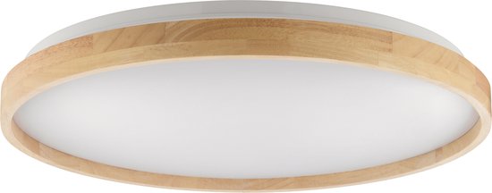 Ronde plafondlamp met een witte diffuser en een houten rand.