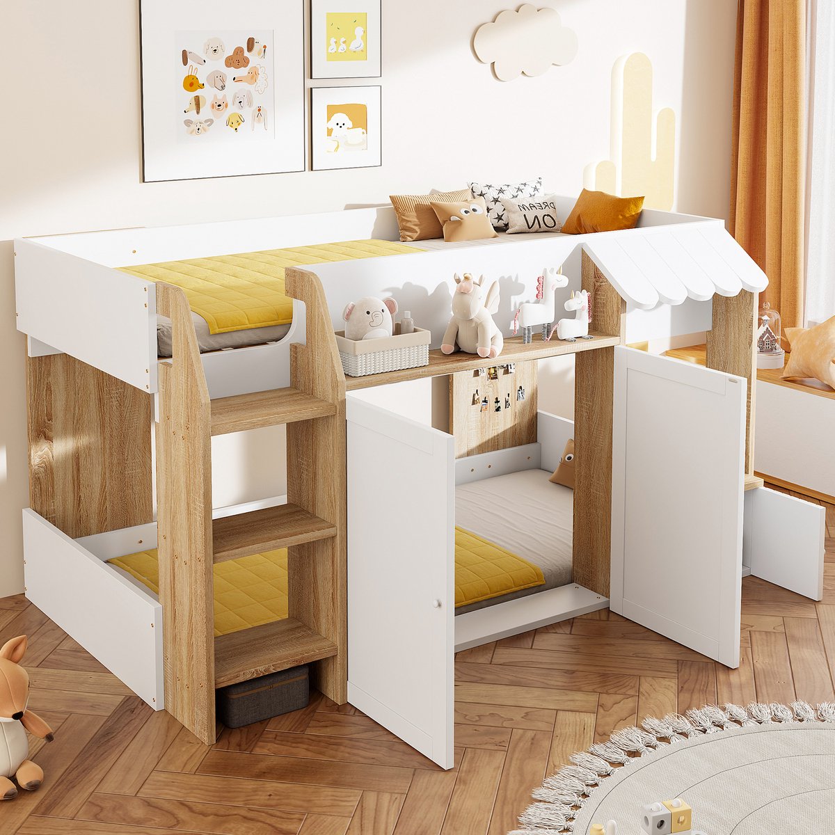 Wishdor Laag Hoogslaper 90x200 cm – Huisvorm – Brede Ladder & Opbergruimte – Wit/Naturel Hout – Knus