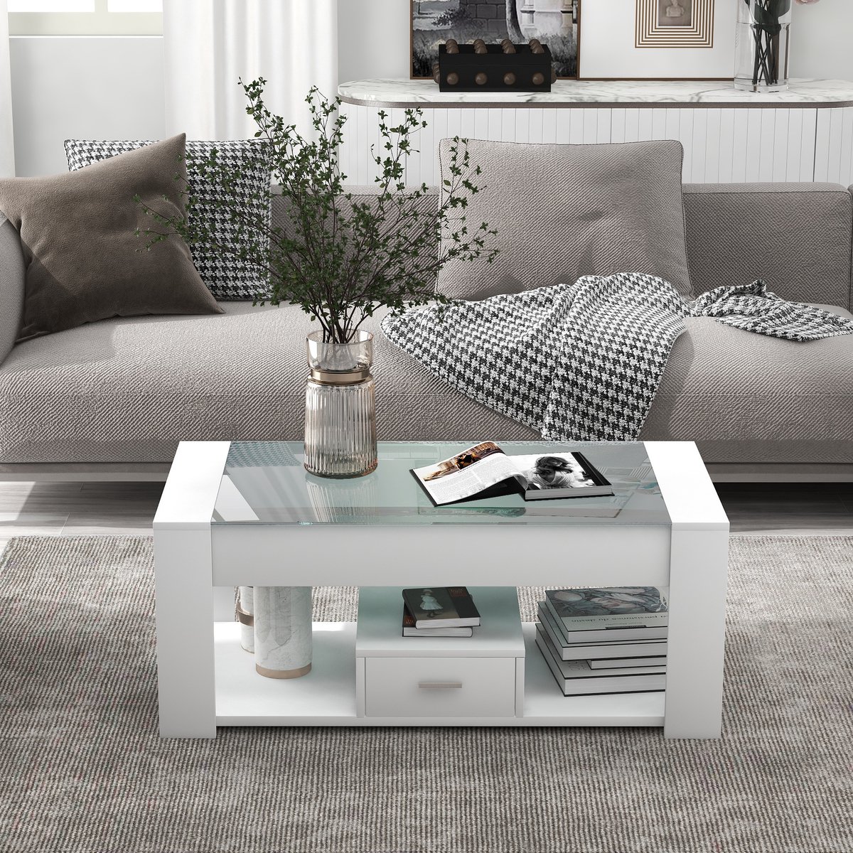 REDOM Salontafel 100x50x40 cm van spaanplaat met glazen blad, met lades