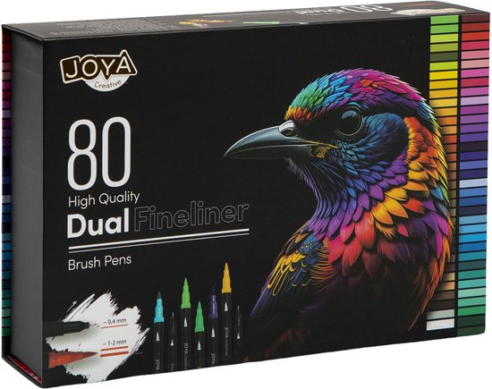 Doos met 80 Dual Fineliner Brushpennen, met een kleurrijke vogelprint.