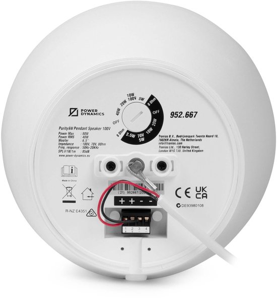 Power Dynamics Purity6W - Premium 2-weg hangluidspreker - Pendel speaker 100V - 6.5 Inch - Wit — afbeelding 2