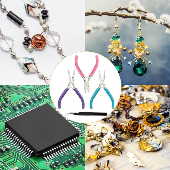 Collage met sieraden, oorbellen, een computerchip en vier sieradentangen: roze, paars, turquoise en een grijze pincet.