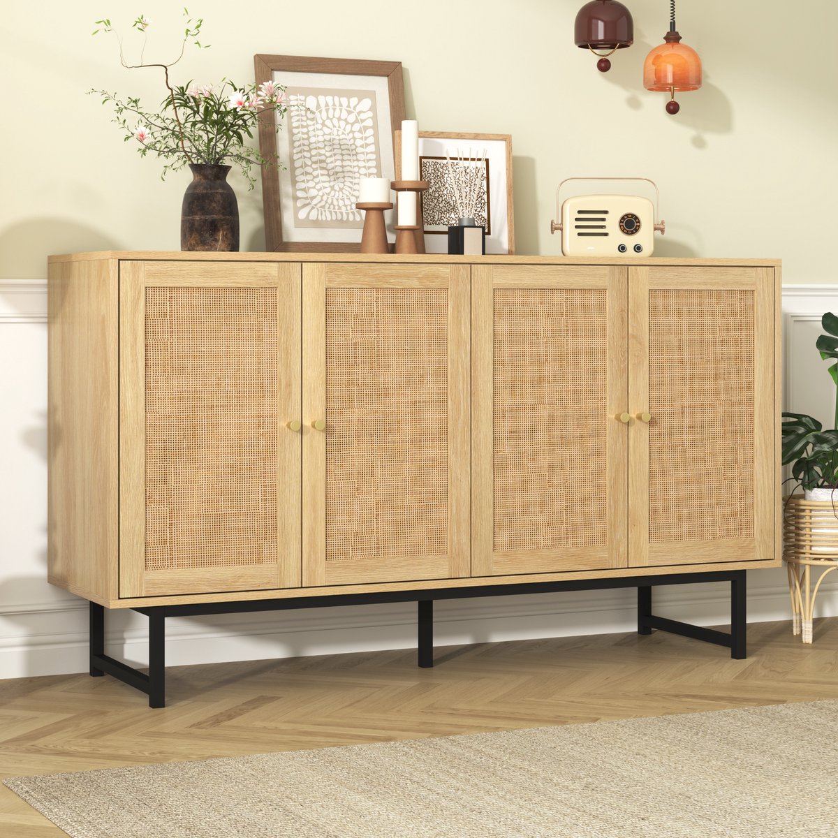 STILVORA Dressoir - Houtlook Met Echt Rattan En 4 Deuren - Veel Opbergruimte Voor Woonkame