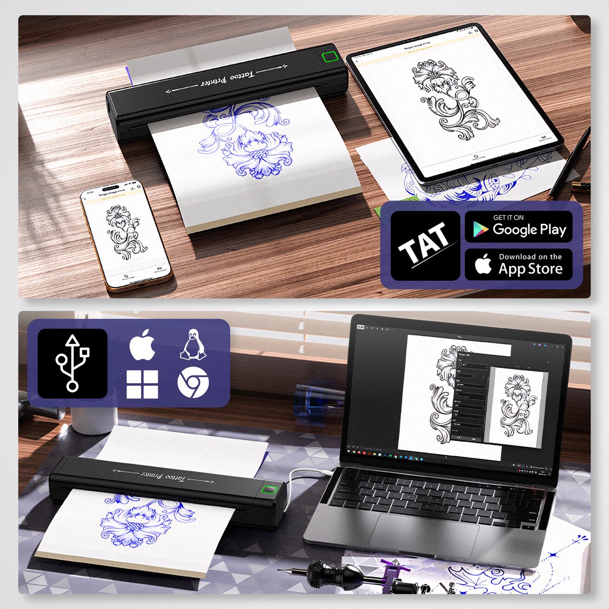 Newyes Draadloze Tattoo Printer Voor Stencils - Incl. 10 Stuks Transferpapier - Thermische Printer - Thermal Mini - A4 Miniprinter met App - Stencil Printer Met Transfer Papier - Thermo Printen - Stencils Printen Machine — afbeelding 7