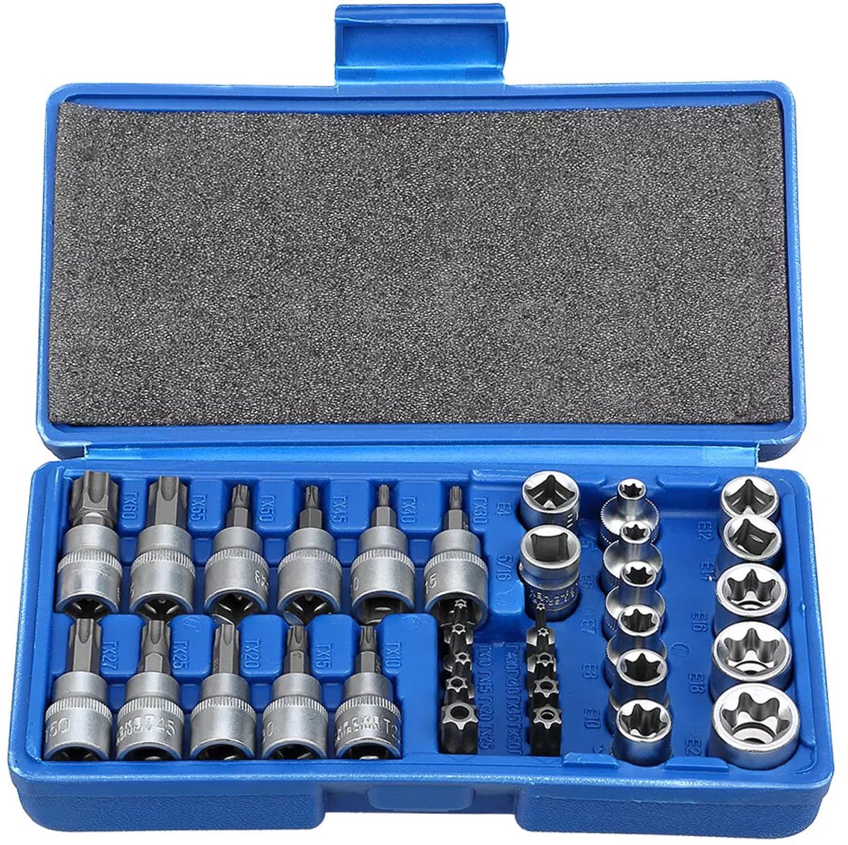 Homtas 34-delige Torx, bit- en doppenset - 1/4", 3/8"inch en 1/2" - chroom vanadium staal - veelzijdig en duurzaam