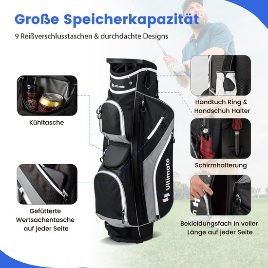 COSTWAY Lichte golftas, draagbare golftas met 14 onderverdelingen, golftas, waterafstotend, met regenhoes, 9 zakken, koeltas en parapluhouder, cadybag voor heren en dames — afbeelding 2