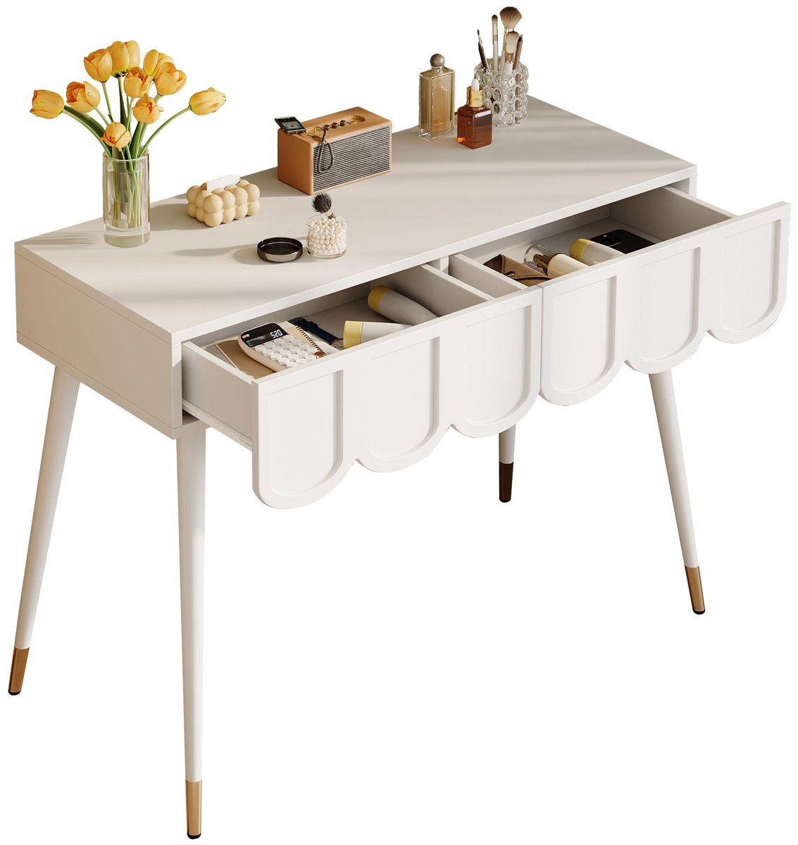Merax Kaptafel 100x40 cm Wit met 2 Lades – Make-up Tafel en Bureau – Metalen Poten – Inclusief Kantelbeveiliging