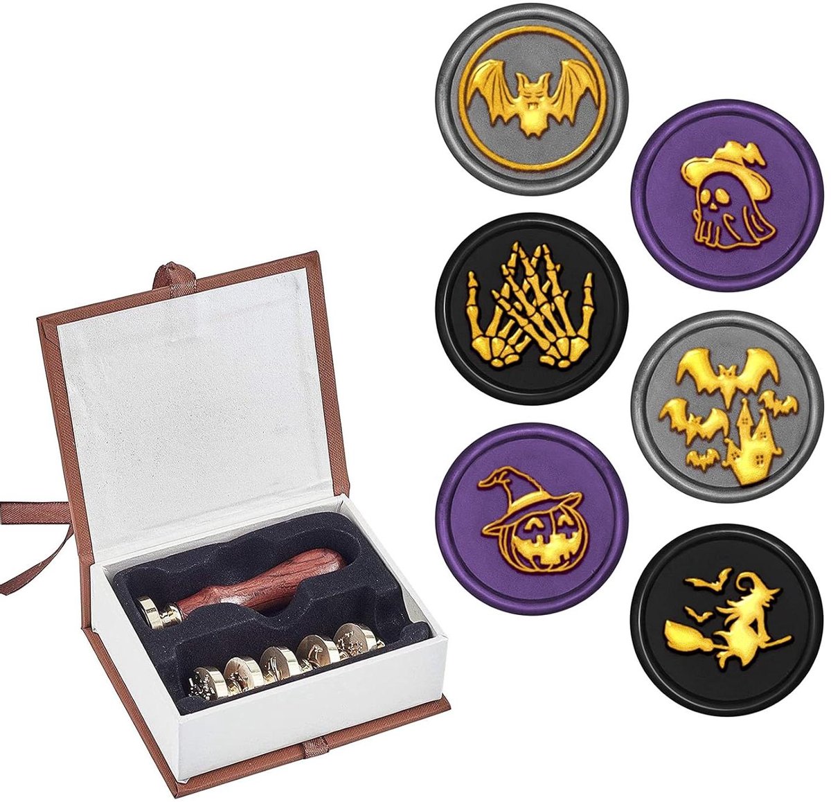 Allecto - Stempelset Halloween - Patroon - Messing - Afdichting - Envelop - Wax Seal - Geschikt voor Bruiloft - Houten Handvat Afdichting Set met 6 Stuks - Diverse Patronen voor Label en Uitnodiging