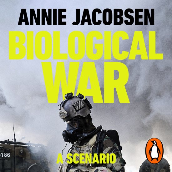 Boekomslag "Biological War" met soldaat in gasmasker en "A SCENARIO" tekst.