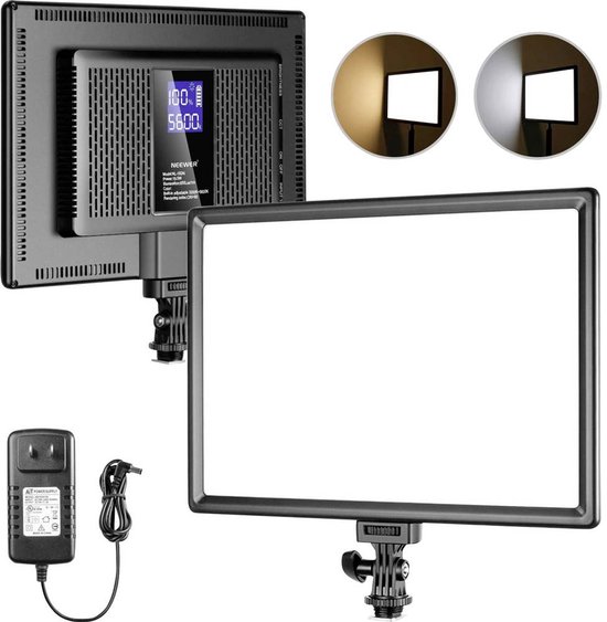 Neewer LED-videolamp met digitaal display, AC-adapter en twee lichtkleuren.