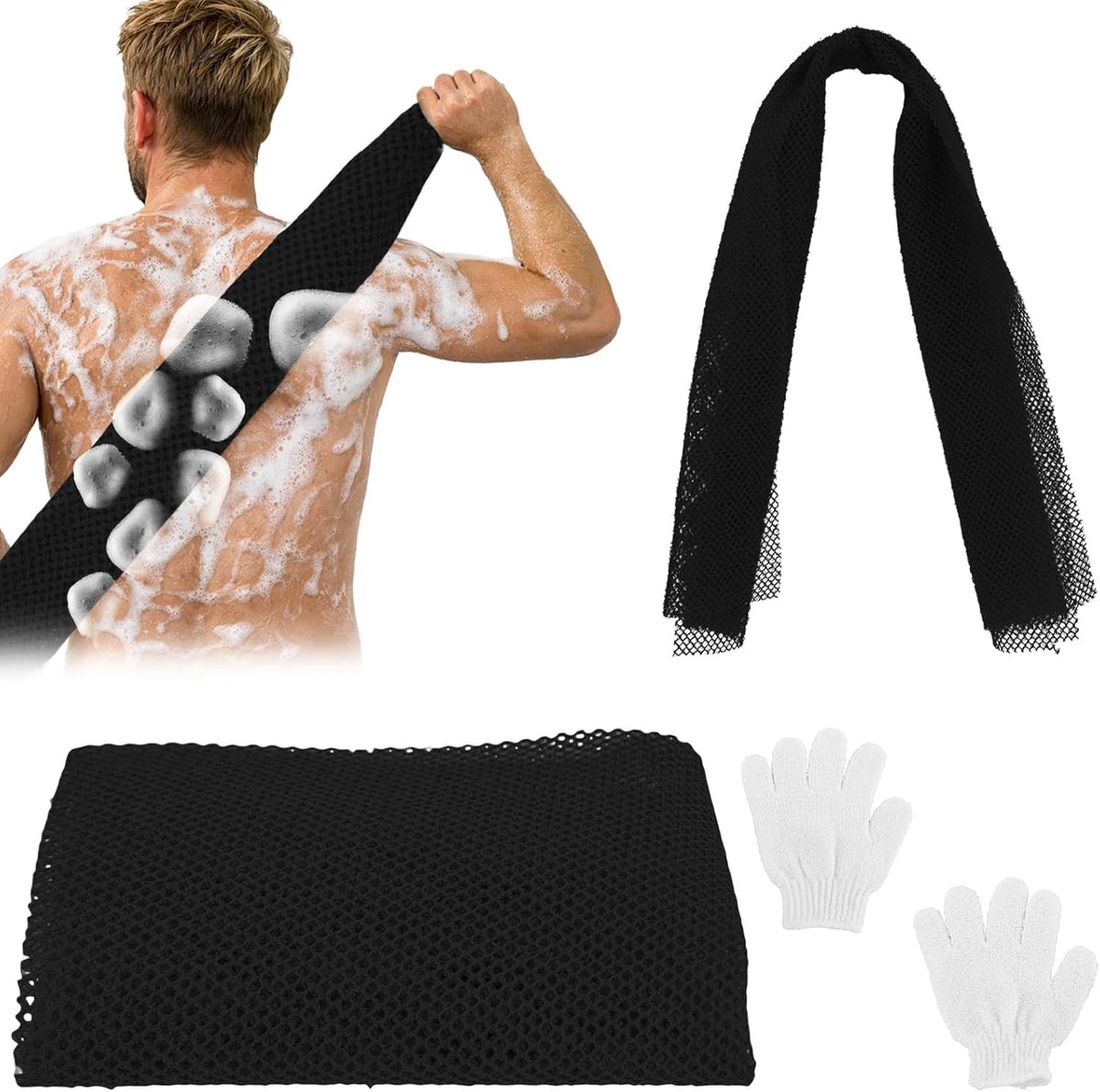 Netspons Set - Badhandschoenen Scrub - Huid Reinigen - Lange Rug Bereik - 21 x 16 cm - Zwart