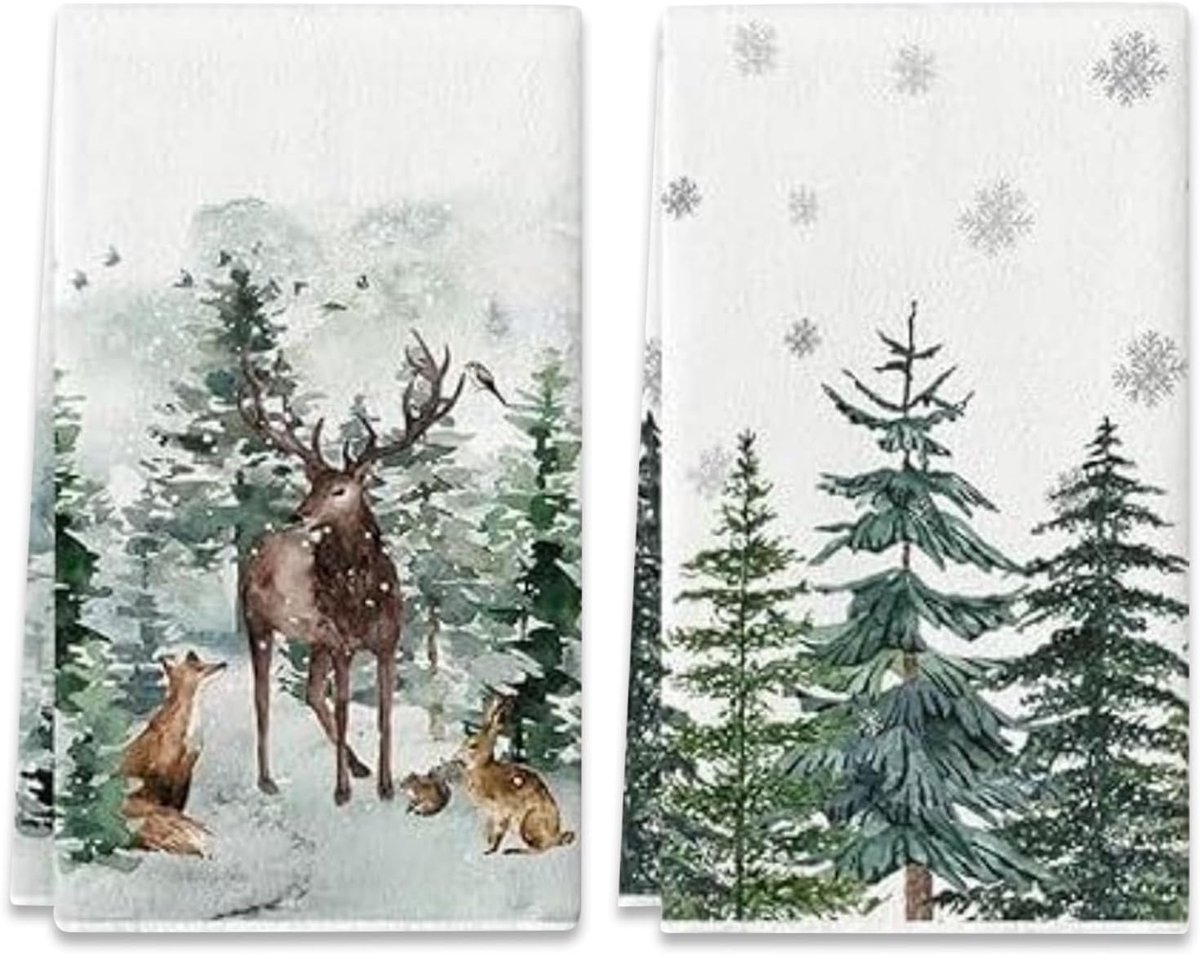 Theedoeken Kerst - Keukendoeken Set - Keuken Decoratie - Aquarel Print - 40 x 60 cm - Multicolor