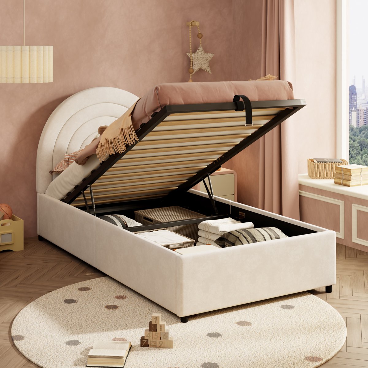 REDOM Kinderbed – Met opbergruimte & gestoffeerd hoofdbord – Hydraulisch – Fluweel – Beige – 90 x 200 cm