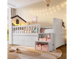 REDOM Halfhoogslaper 90x200 cm – Huisbed Met LED Verlichting En Opbergladder – Kinderbed Met Lades En Opbergruimte Voor Kinderkamer – Grenenhout MDF Wit