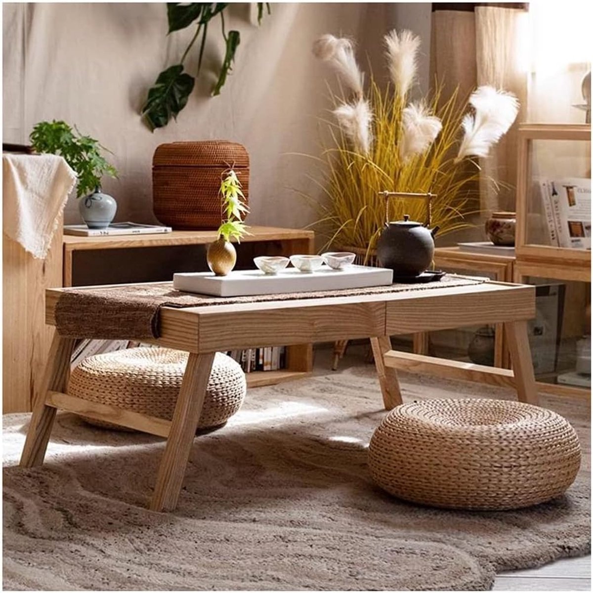 Koffie Tafel - Zit Tafel Tatami - Ontspannen Zitten - Opvouwbaar Ontwerp - 90x50x35cm - Houtkleur