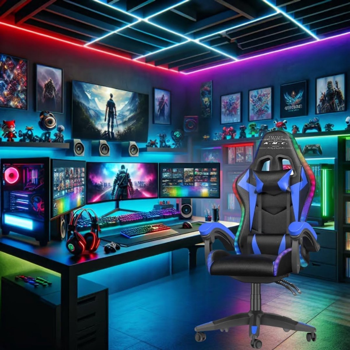 Gaming Stoel - Bureaustoel Gamer - Comfortabel Zitten - RGB LED Verlichting - 122 x 60 x 122 cm - Blauw