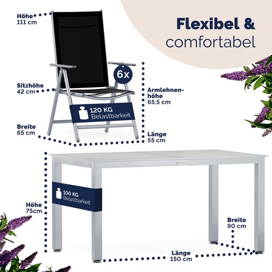 Afmetingen van de Casaria tuinstoel en tafel in aluminium.