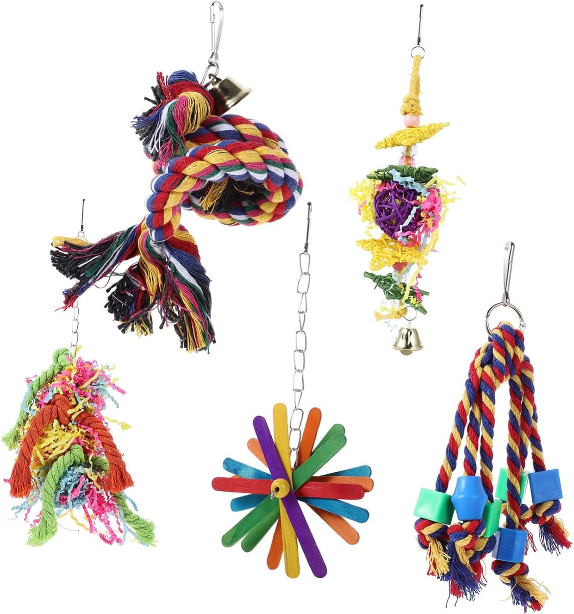 Papegaai Kauwspeeltjes - Vogel Speelgoed Set - Vogel Verrijking - Natuurlijk Hout Materiaal - 5 Stuks Set - Multicolor