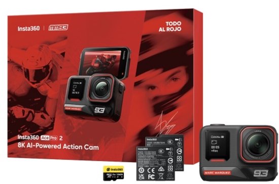 Insta360 Ace Pro 2 8K actiecamera, Marc Márquez editie, met verpakking, twee batterijen en geheugenkaart.