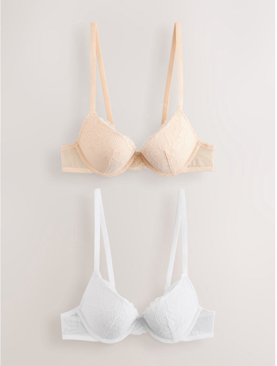 Next Dames - Set van 2 push-up beha's met lage decolleté en kant - Naturel Pastel Nude/ White