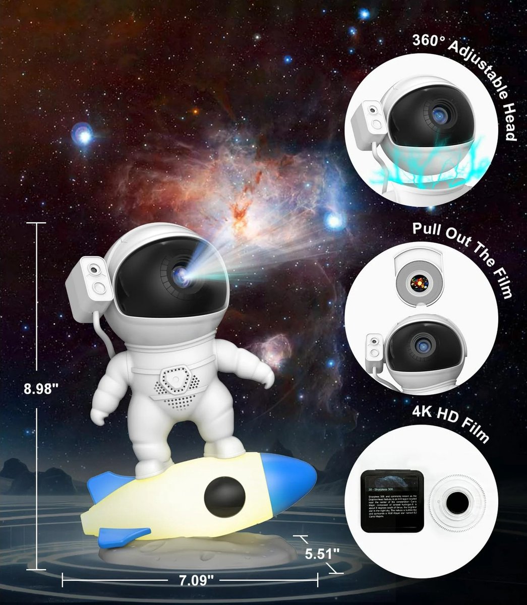 Graboo® Galaxy Projector Astronaut – Sterrenhemel Lamp – 13-in-1 – Met Timer – 13 films – 360° verstelbaar – USB-C – foto 2