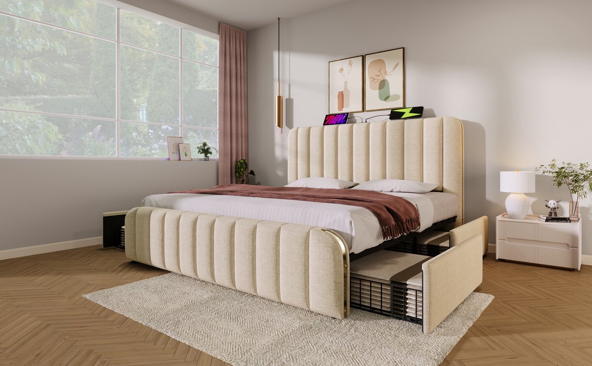 Tweepersoonsbed met gestoffeerd hoofdeinde – voorzien van gouden sierstrepen en USB Type-C-oplaadfunctie – 180 x 200 cm – beige linnen – met 4 lades – draagvermogen 226 kg (inclusief matras)