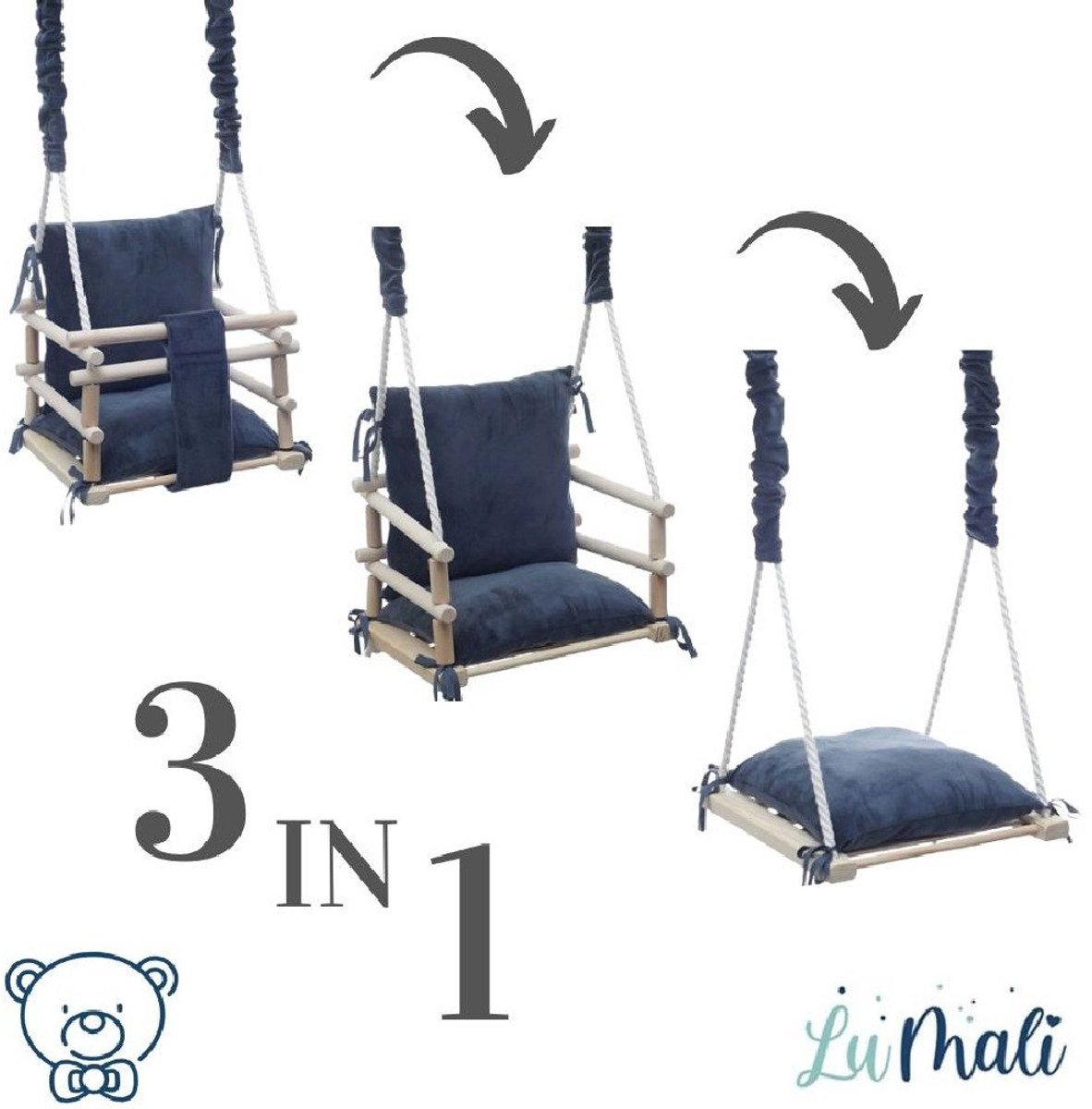 LuMali Kinderschommel 3 in 1 Grafiet - Baby Schommel - Baby swing -Schommel die Meegroeit met je Kindje