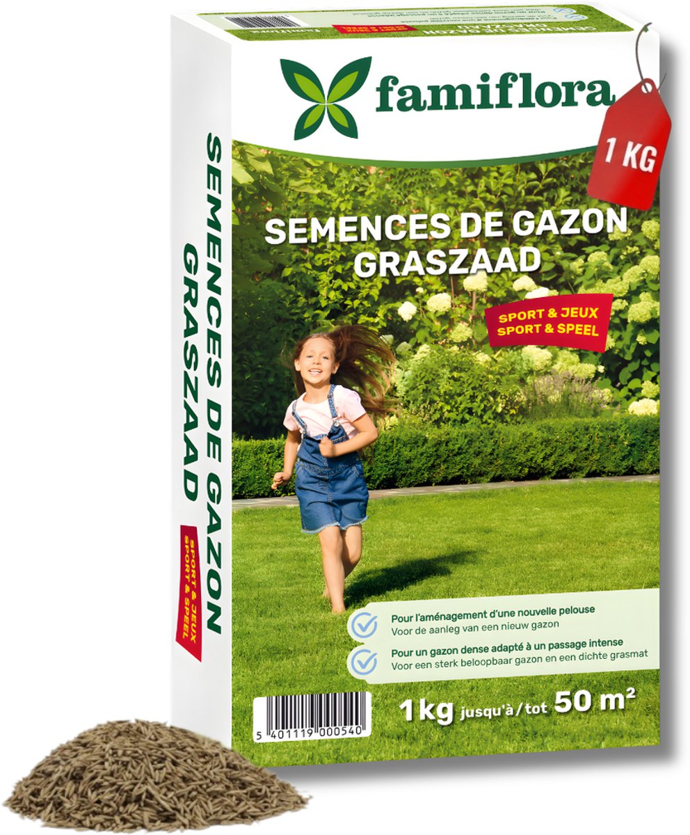 Famiflora graszaad 1kg tot 50m² - Speel & Sport - voor aanleg nieuw gazon - 1kg tot 50m² - Voor een sterk gazon dat tegen spelen kan - Dichte grasmat verdringt onkruid automatisch