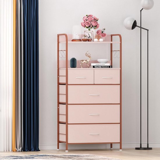 Commode avec 5 Tiroirs en Tissu et 2 Étagères Ouvertes - Armoire de Rangement avec Cadre Métallique & Crochets de Suspension - Pour Chambre à Coucher, Salon & Entrée - 120x60x30 cm - rose