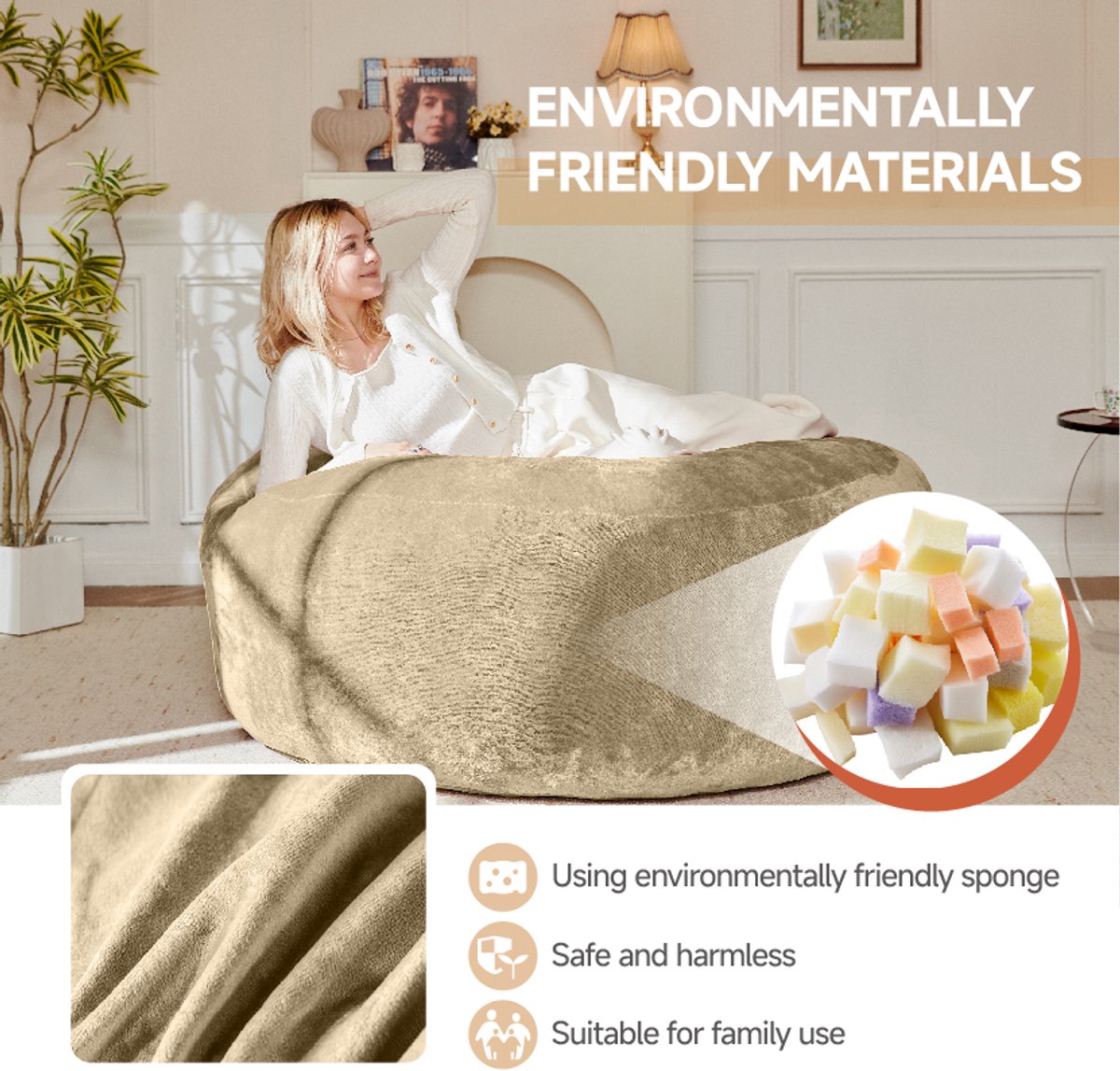 OKWISH Zitzakstoel 3FT - Drukverlagend En Vormbaar Comfort - Voor Slaapkamer En Balkon - Spons - Abrikoos
