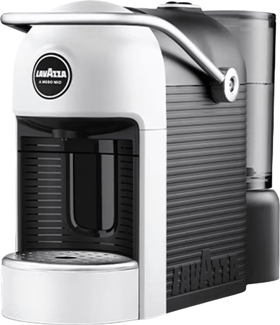 Witte en grijze Lavazza A Modo Mio Jolie Plus EVO espressomachine met glanzende en gestreepte afwerking.