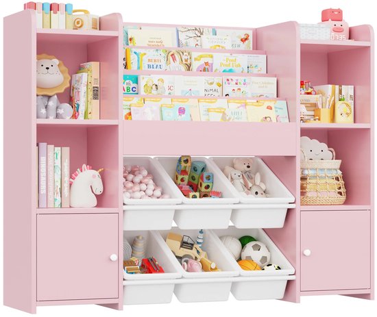 Roze kinderboekenkast met 6 opbergbakken vol speelgoed, boeken en decoratie.
