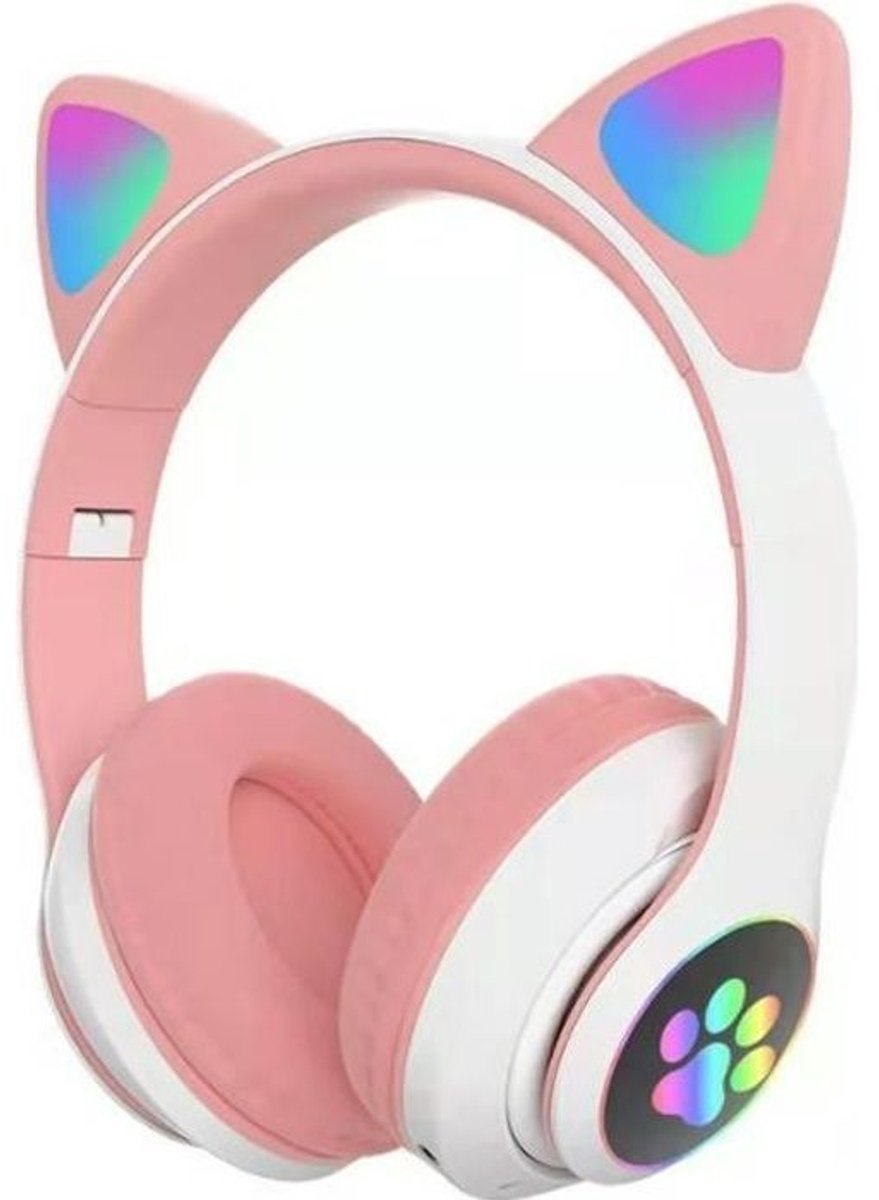 Bluetooth-koptelefoon met kattenoortjes voor meisjes, opvouwbare stereokoptelefoon met ledverlichting. Compatibel met PS4/pc/tablet/tv (roze + wit).