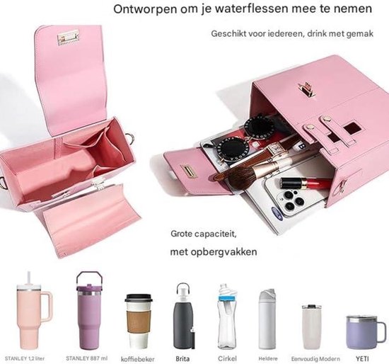 longziming - Waterfles crossbody tas - Draagbare waterfles tas - Waterfles draagtas - PU leder - Verstelbare schouderriem - Geschikt voor Stanley beker - Handig draagontwerp - Roze — afbeelding 4