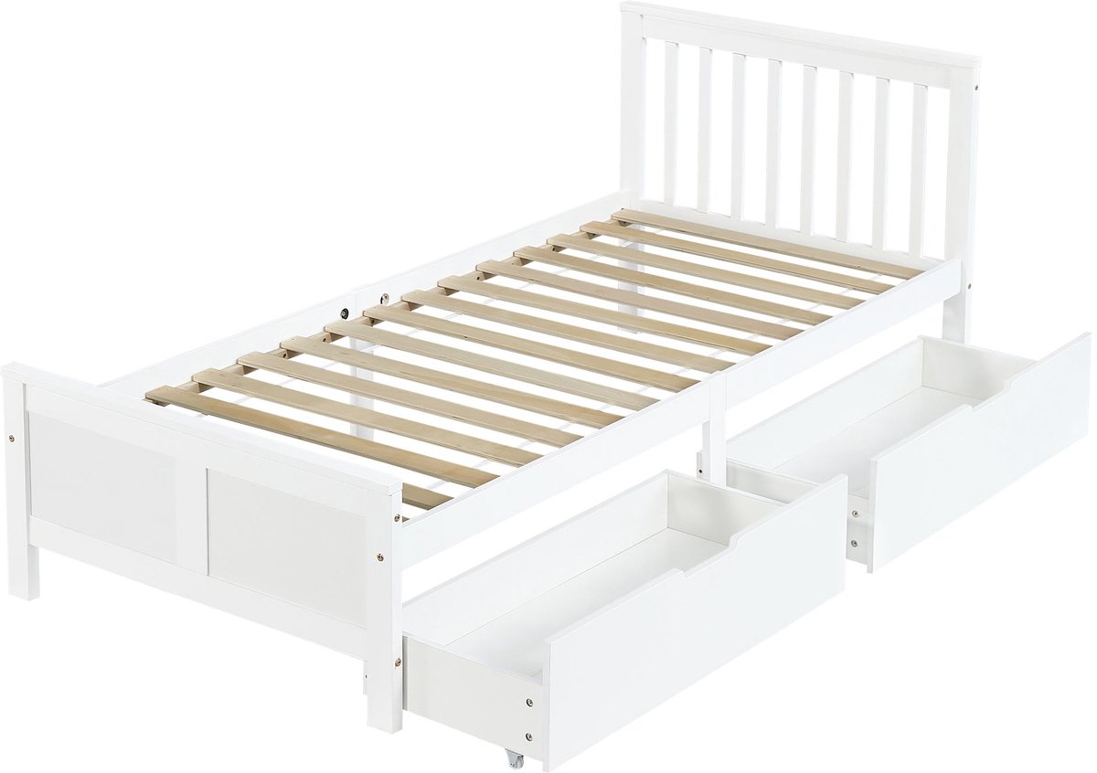 Merax Houten Bed 90x200 cm - Eenpersoonsbed met Lades - Bed met Opbergruimte - Houten Lattenbodem - Massief Hout - Wit - Zonder Matras